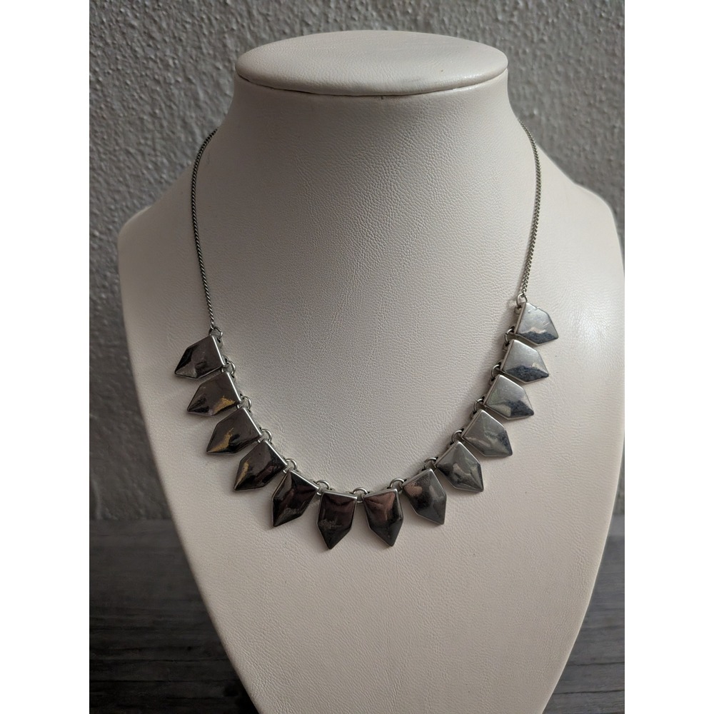 Silver Tone Geometric Shield Fringe Statement Necklace Modern Edgy Bib Jewelry